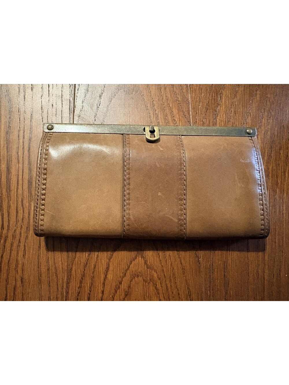 Fossil Leather Frame Clutch Wallet Brown Brass Vintage